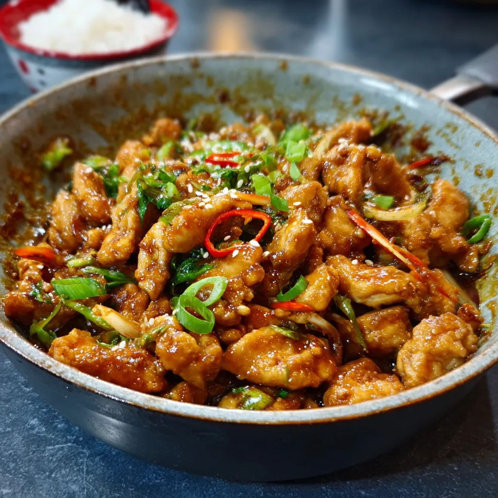 A close-up shot showcasing a delicious plate of Mongolian Chicken, ready to be served.