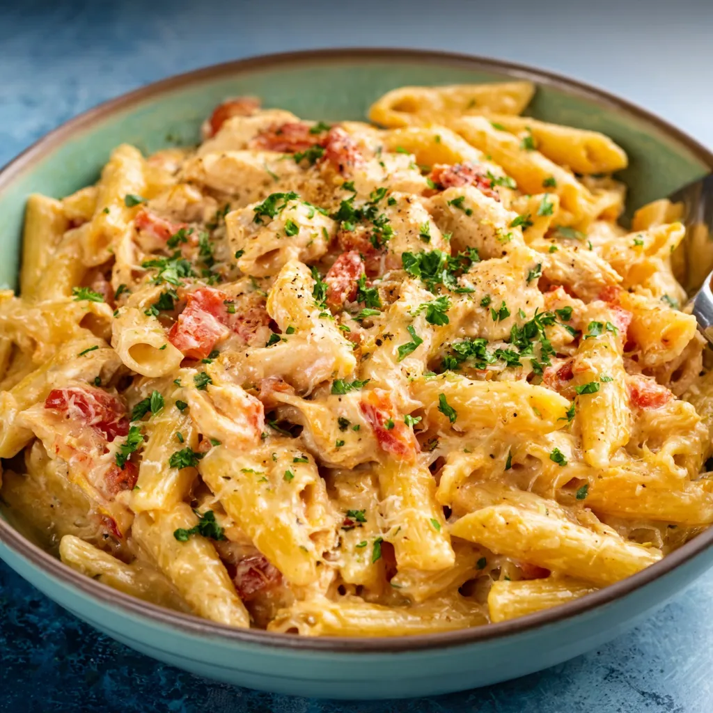 A close-up shot showcasing a delicious serving of Rotel Chicken Pasta, ready to eat.