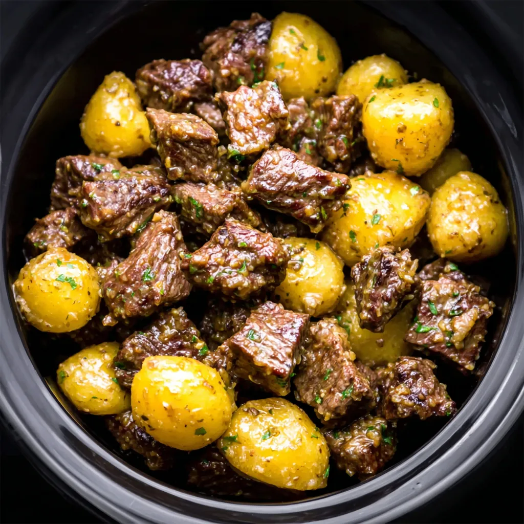 Close-up of tender Slow Cooker Garlic Butter Beef Bites with Potatoes, showcasing the flavorful garlic butter sauce coating the beef and potatoes.