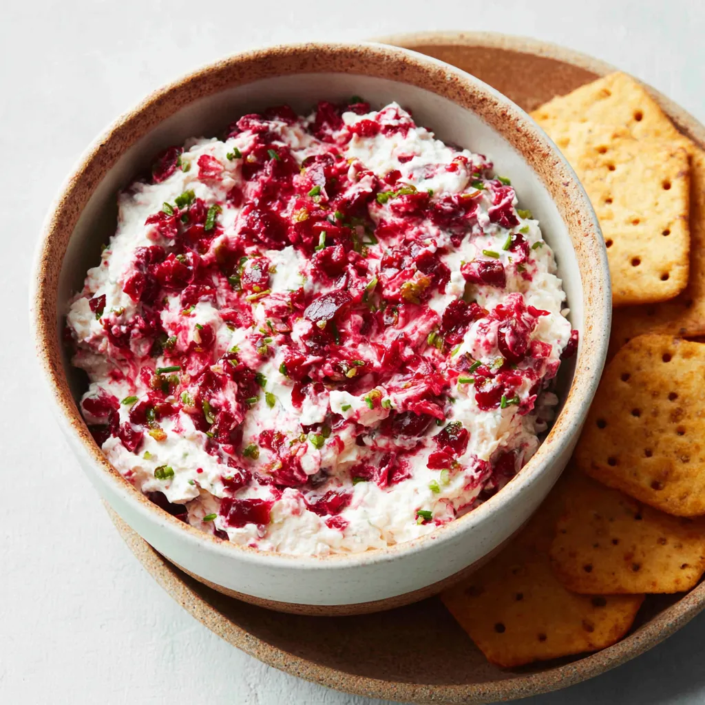 Close-up shot of a bowl of Spicy Cranberry Jalapeno Cream Cheese Dip, showcasing its texture and vibrant colors, as part of a recipe article.