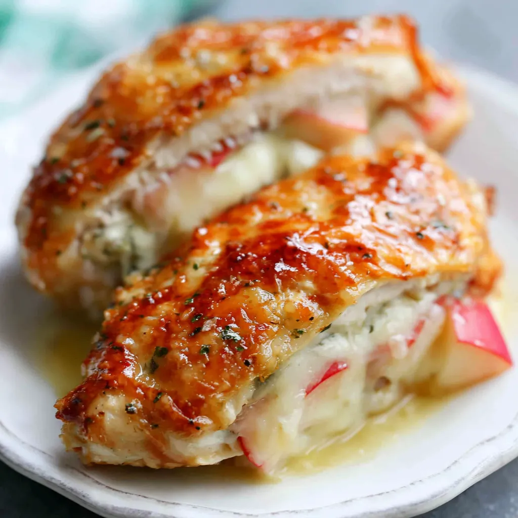 Close-up of Apple Brie Stuffed Chicken showcasing the creamy brie and apple filling.