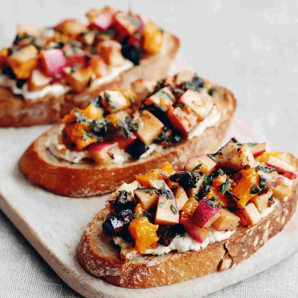 Close-up of flavorful Apple Butternut Squash Bruschetta, showcasing the vibrant colors and textures of this autumn appetizer.