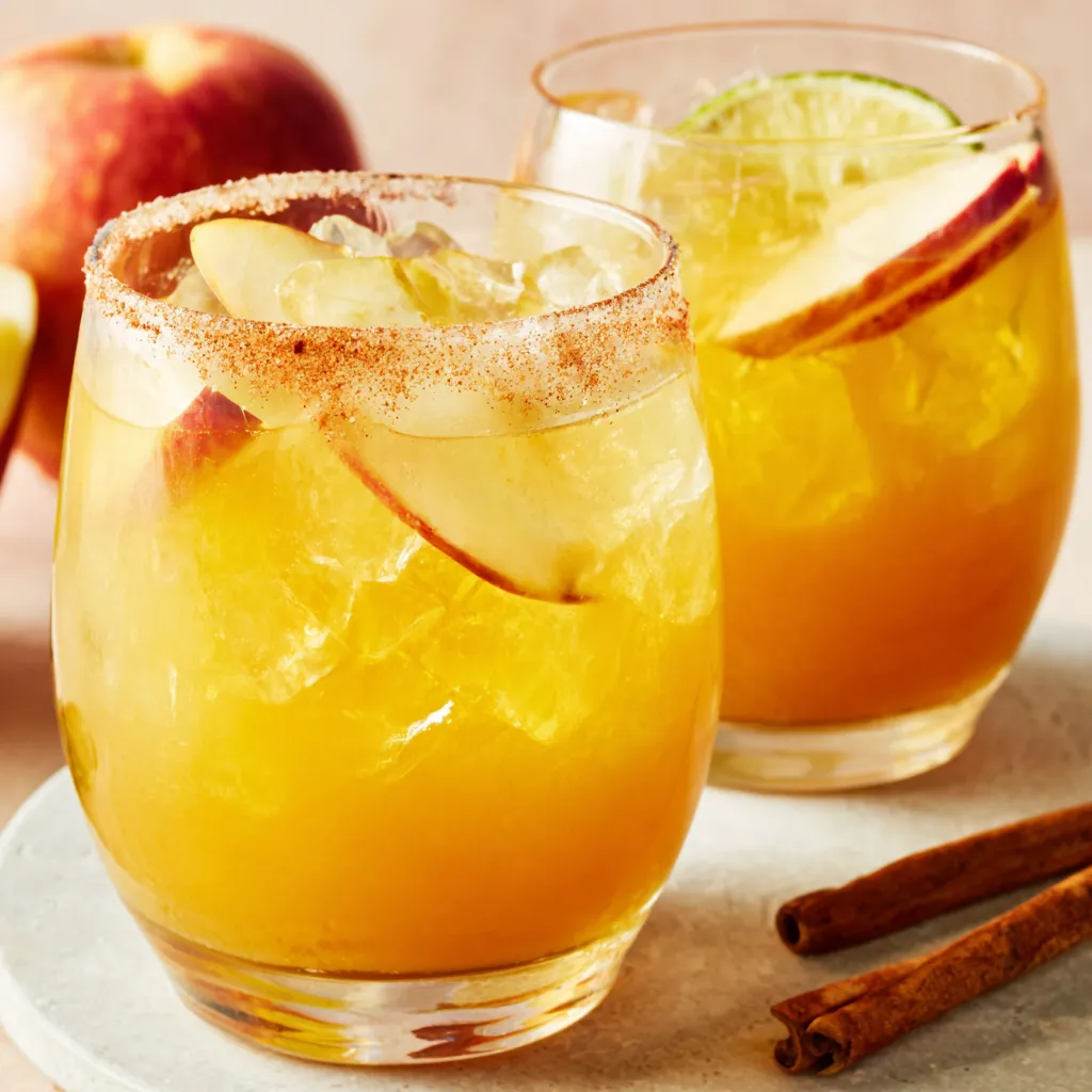 Close-up of a refreshing Apple Cider Margarita in a salt-rimmed glass, perfect for fall gatherings.