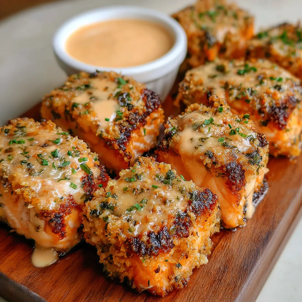 Close-up showcasing the delicious texture and presentation of freshly prepared Bang Bang Salmon Bites.