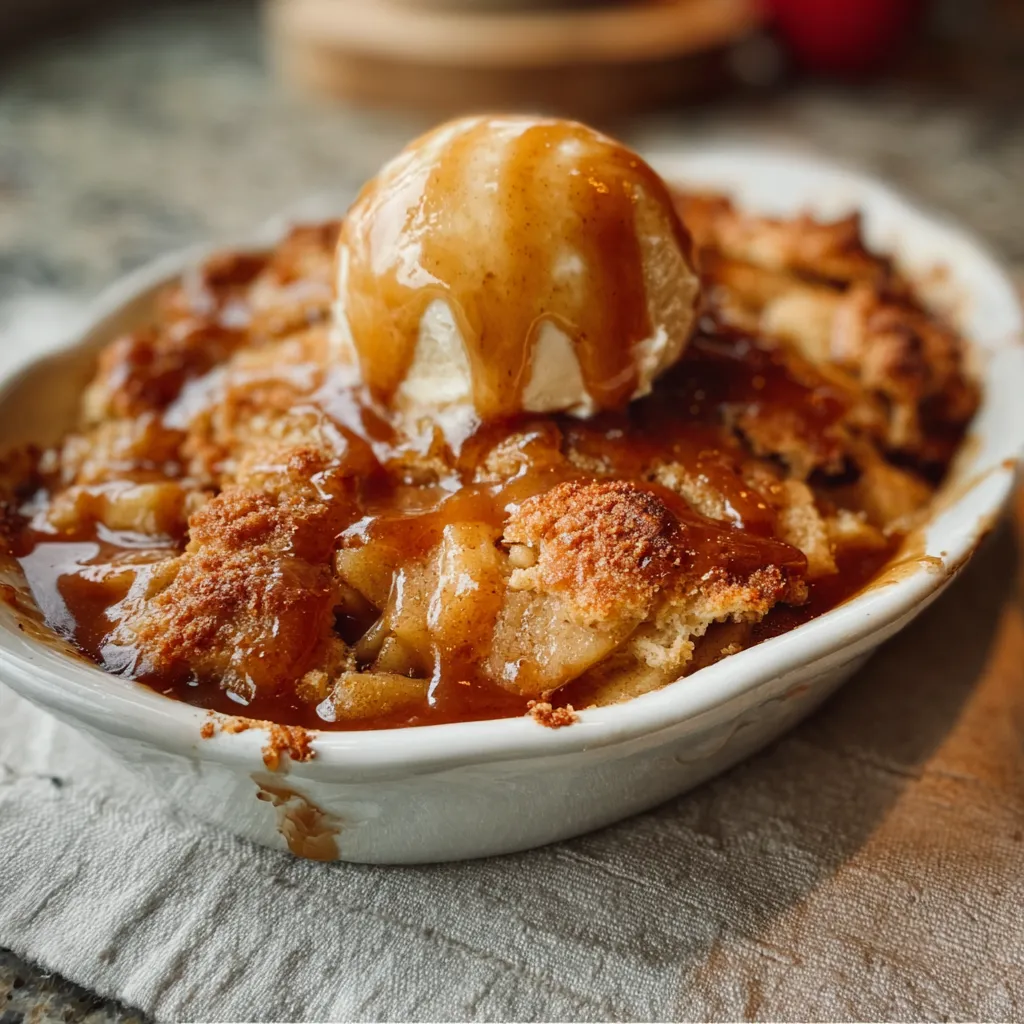 A close-up shot showcases a delicious freshly baked Apple Cobbler with a golden-brown crust.