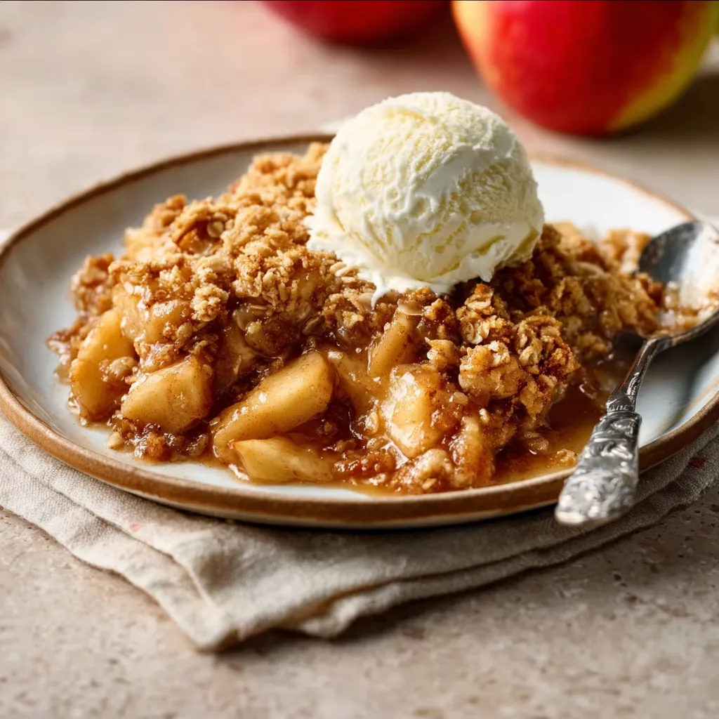 Close-up shows a golden-brown Apple Crisp dessert with a crumbly topping, ready to be served.