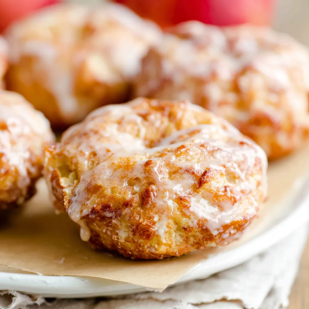 Close-up of golden-brown Apple Fritters, showcasing their crispy texture and apple filling.