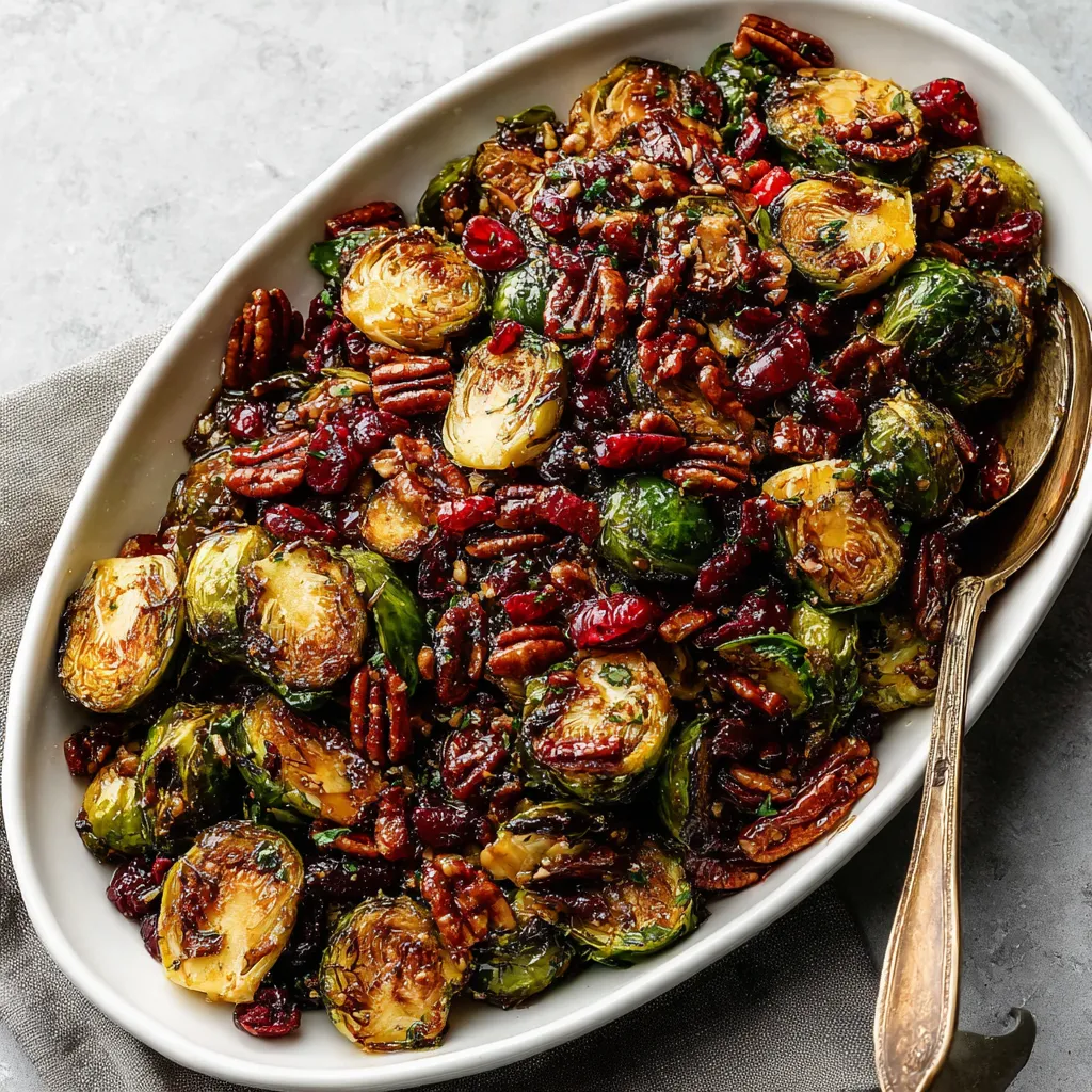 Close-up shows a serving of delicious Brussels Sprouts with Bacon, Pecans & Cranberry, highlighting the vibrant colors and textures of the dish.