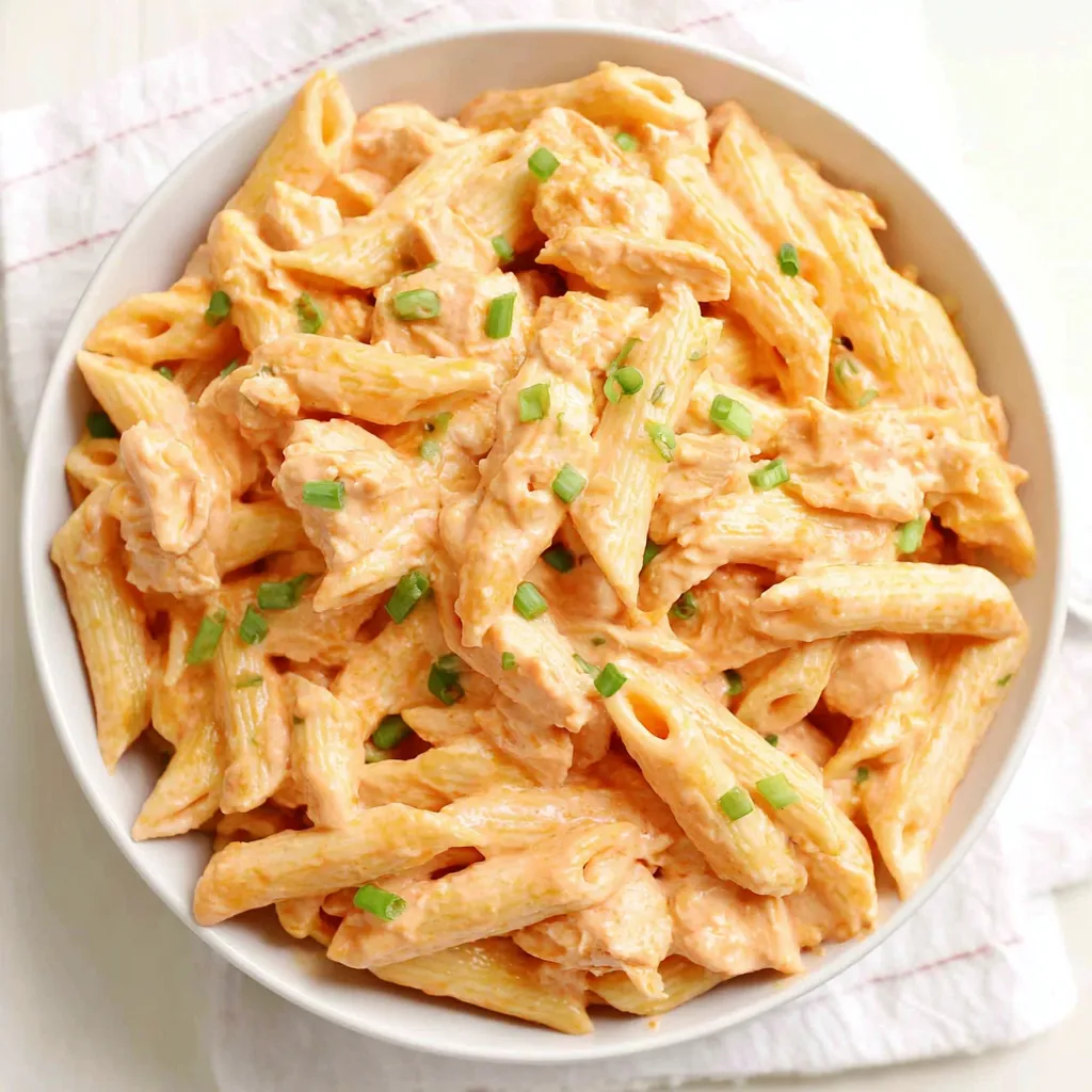 Close-up shot of creamy Buffalo Chicken Pasta with visible chicken pieces and sauce, ready to be enjoyed.