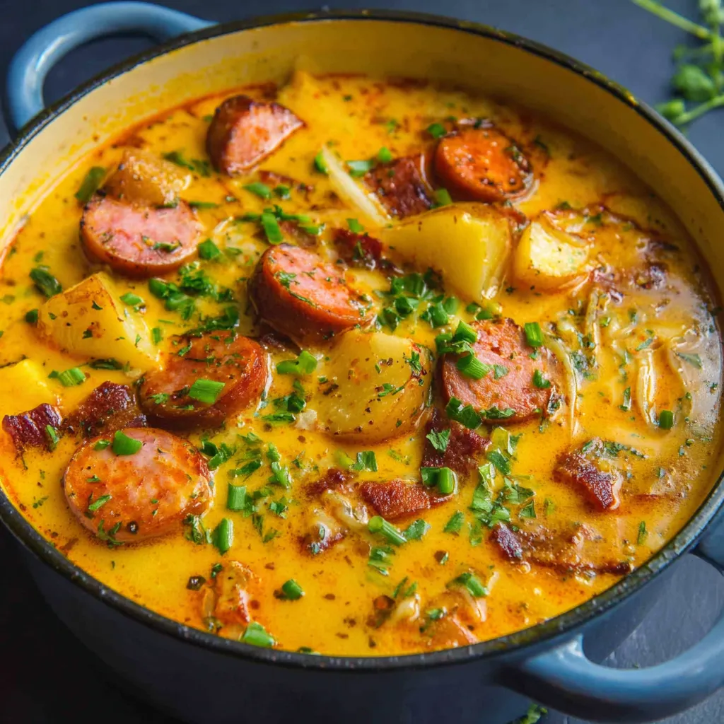 A close-up shot of creamy Cajun Potato Soup in a bowl, showcasing its rich texture and vibrant spices.