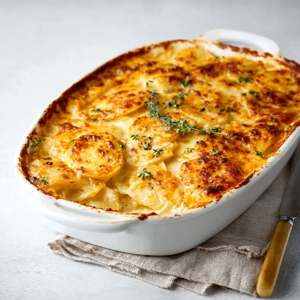 A close-up shot showcases a creamy serving of homemade Cheesy Scalloped Potatoes, bubbling and golden brown.