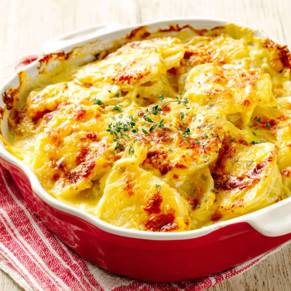 Close-up of creamy, bubbling Cheesy Scalloped Potatoes, showcasing the golden-brown top and cheesy layers.