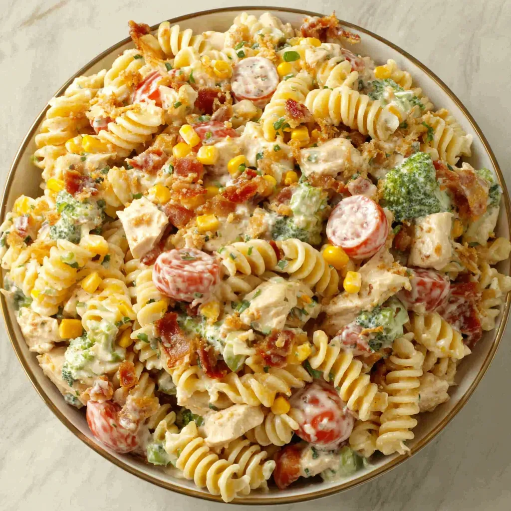A close-up shot of a bowl of Chicken Bacon Ranch Pasta Salad, showcasing the creamy dressing, crispy bacon, and tender chicken.