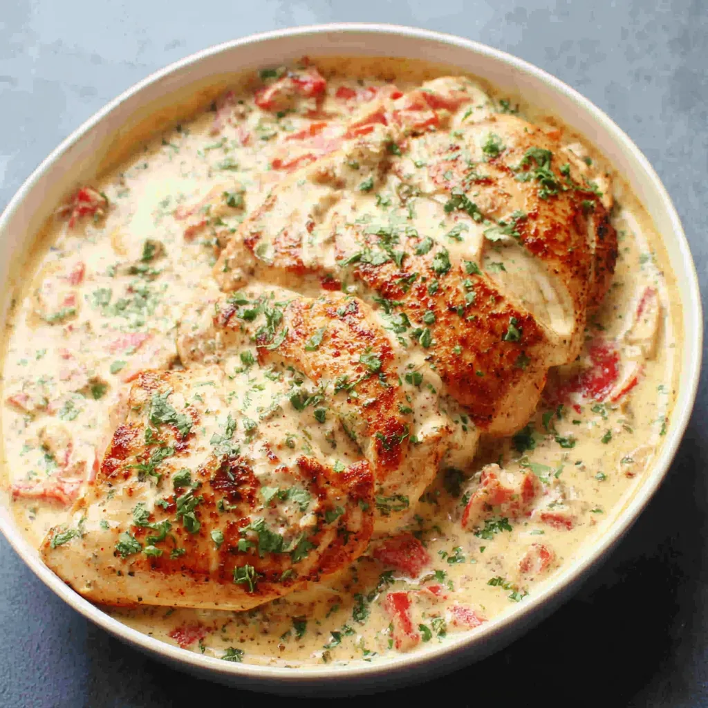 Close-up view of creamy Chicken Basil Cream Sauce served over pasta, illustrating the dish's texture and ingredients.