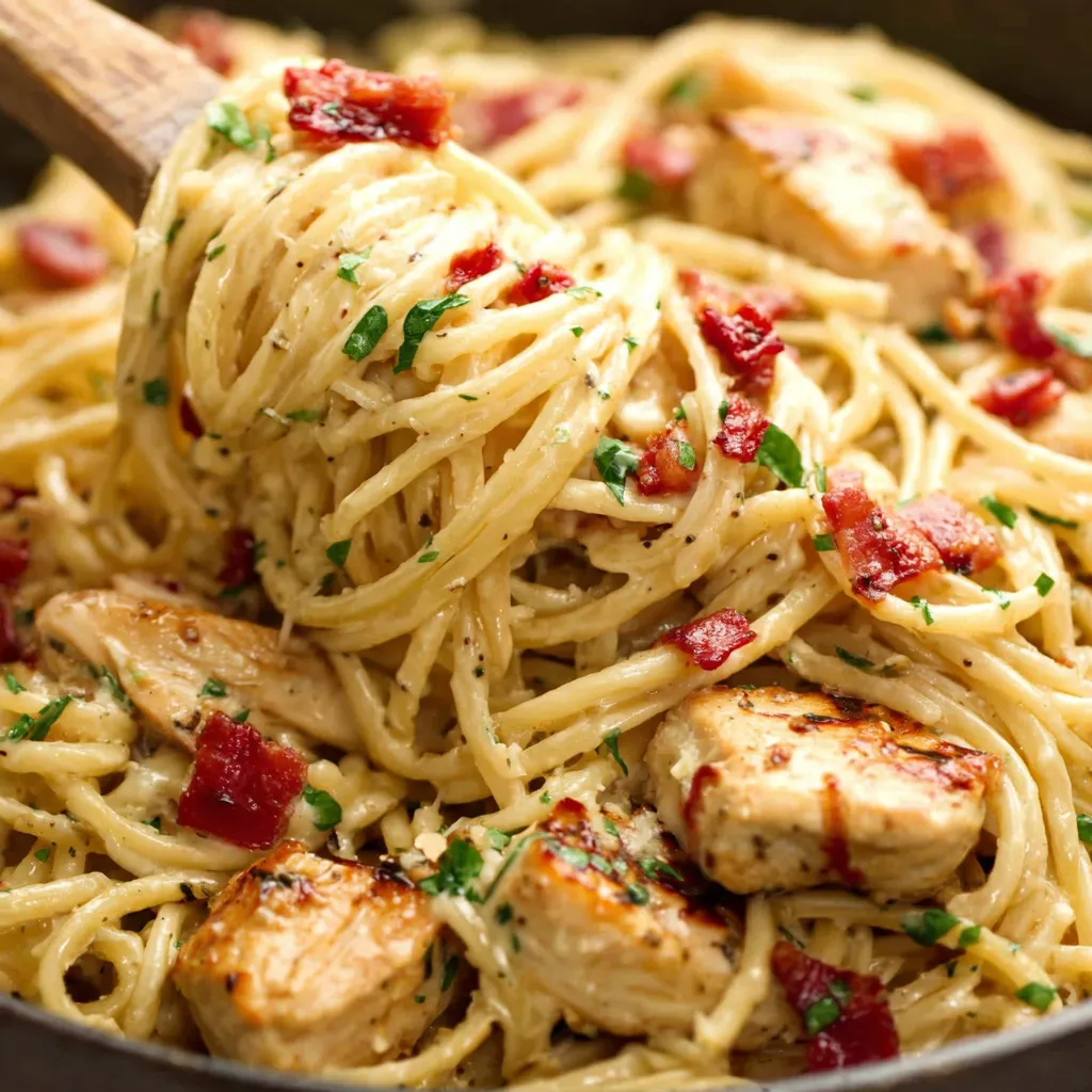 Close-up shot of creamy Chicken Carbonara with pancetta and parmesan cheese, ready to be served.