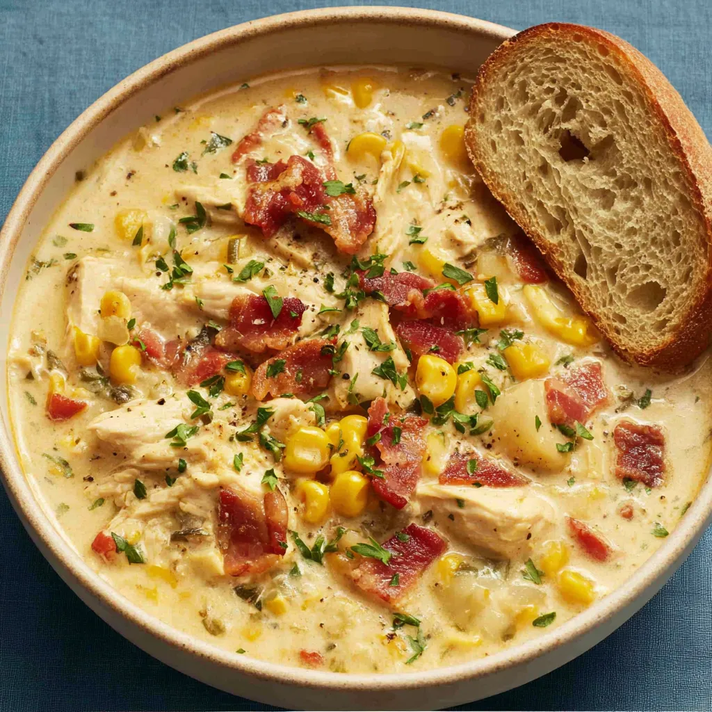 Close-up of creamy Chicken Corn Chowder in a bowl, highlighting the texture and ingredients.