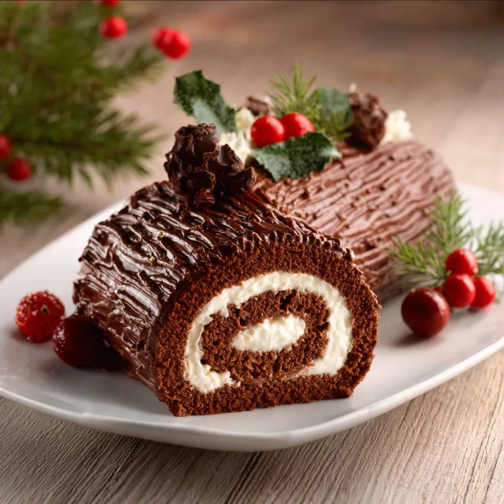 A close-up view showcases a delicious Chocolate Yule Log, ready to be served.