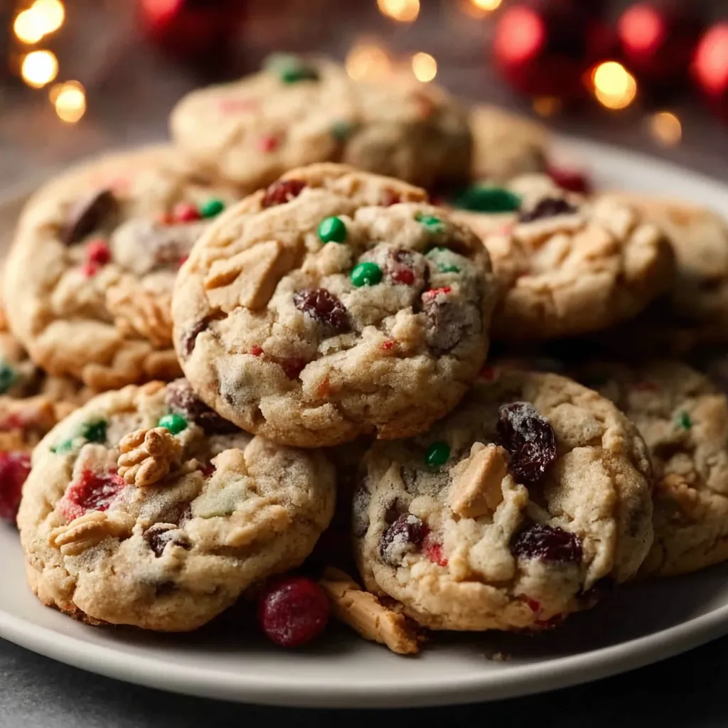 A close-up shot of loaded Christmas Kitchen Sink Cookies showcases their colorful mix of sweet and salty ingredients.