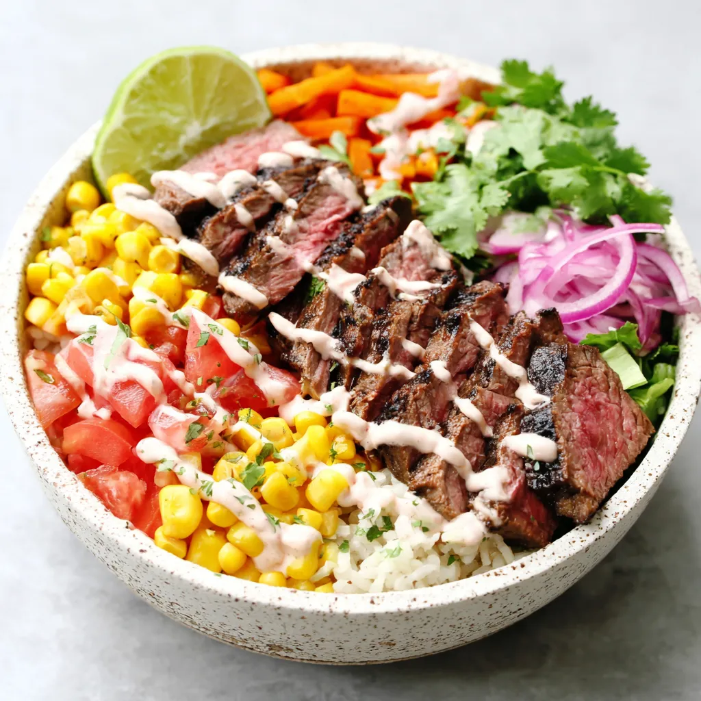 Close-up of delicious Cilantro Lime Steak Bowls, showcasing vibrant ingredients and juicy steak.