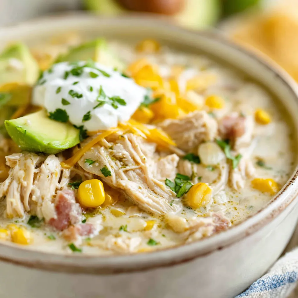 Creamy Crockpot White Chicken Chili simmers beautifully in a crockpot, showcasing its rich and inviting texture.