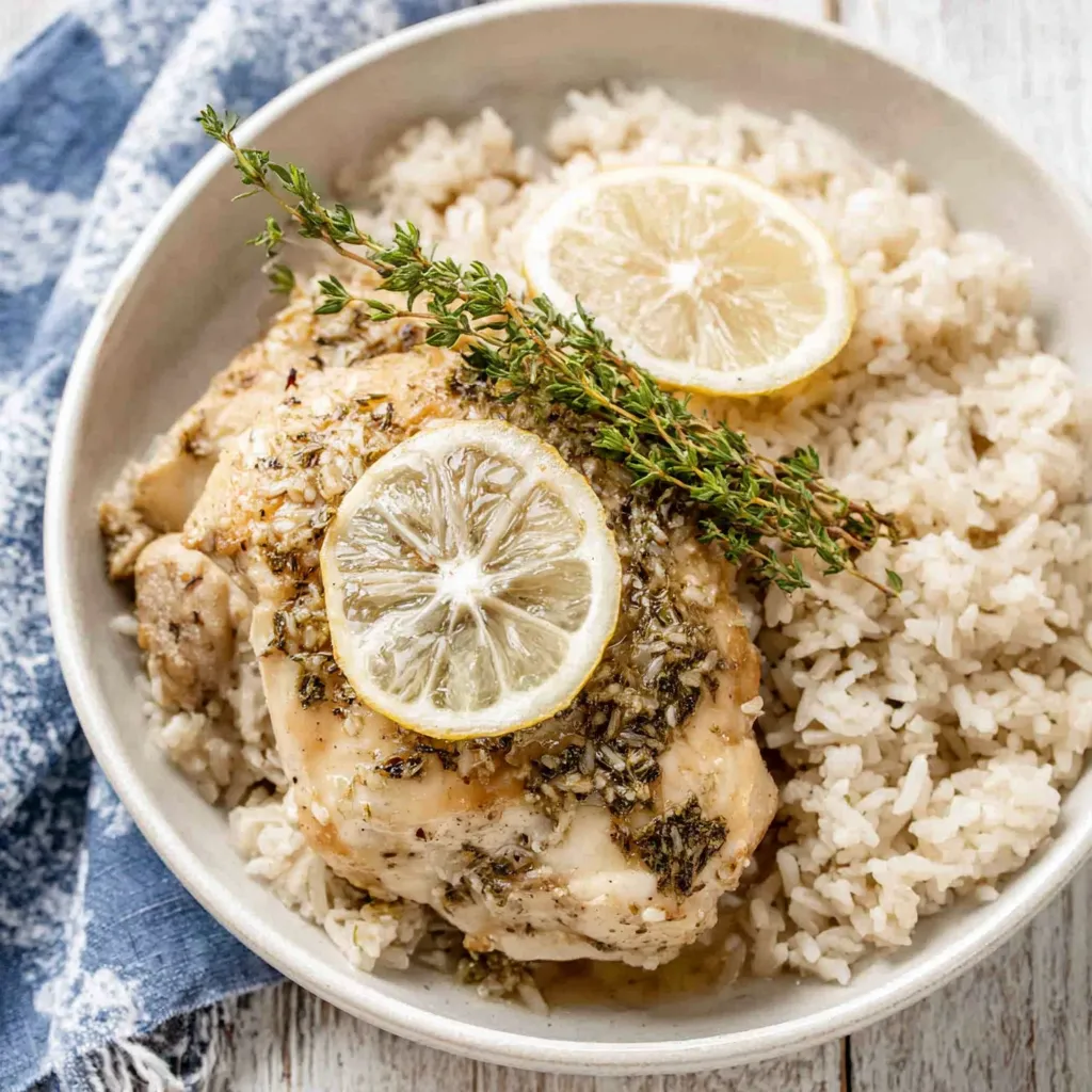 Creamy Slow Cooker Lemon Herb Chicken and Rice served as a comforting and flavorful meal.