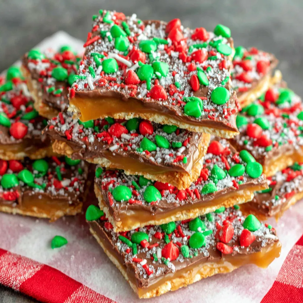 Delicious homemade Christmas Toffee is displayed in a festive setting.