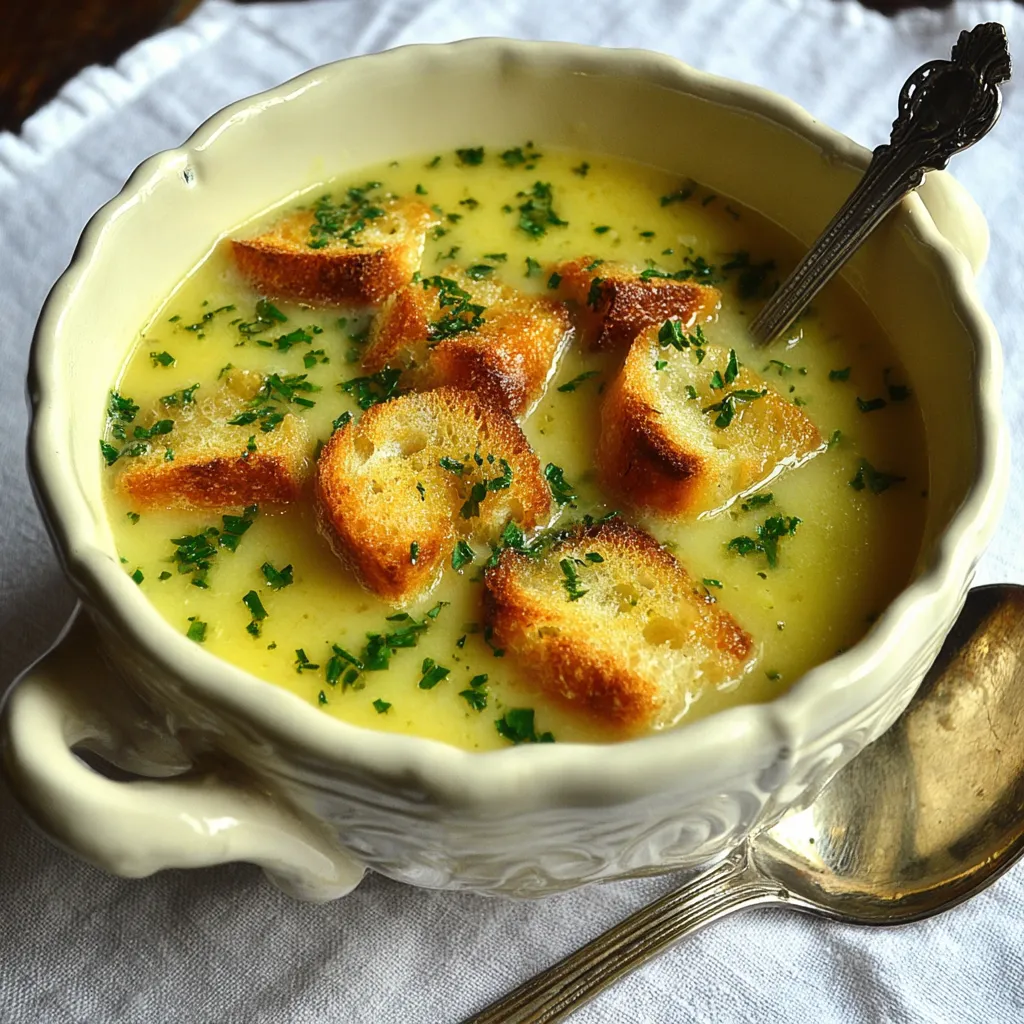 A close-up shot showing another view of the creamy and delicious French Garlic Soup.