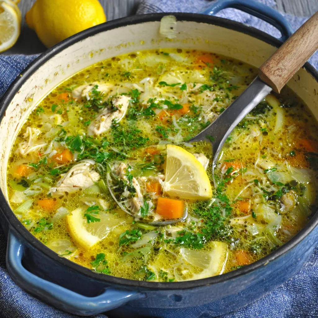 A bowl of creamy Greek Lemon Chicken Soup is shown as a second image in the article.
