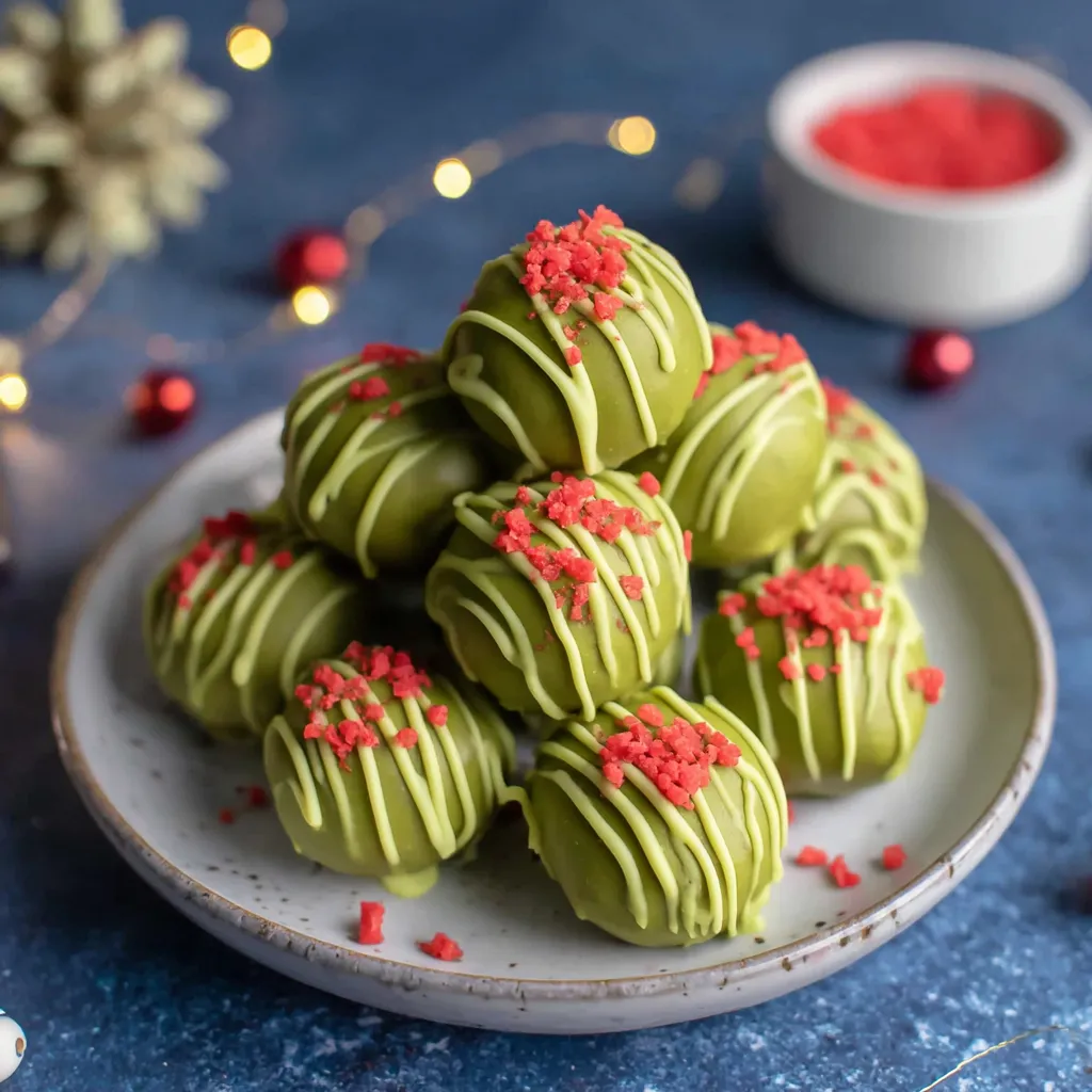 Close-up shot of festive green Grinch Oreo Truffles, showcasing their bright color and textured coating.