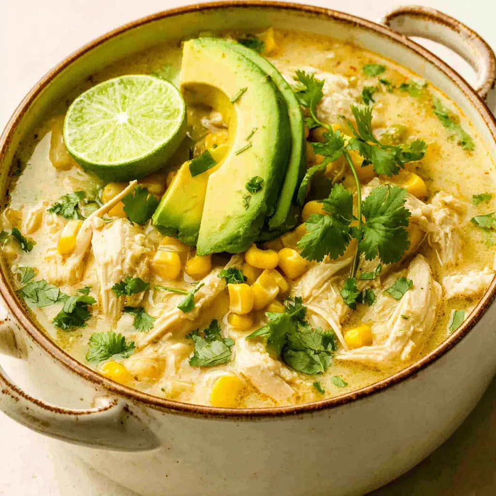 A close-up shot showcases a bowl of creamy High Protein White Chicken Chili, garnished with cilantro and a dollop of sour cream.