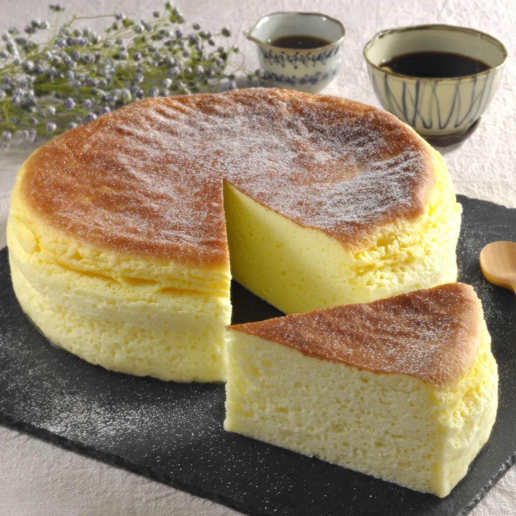 Fluffy Japanese Cotton Cheesecake on a white plate, showcasing its light and airy texture.