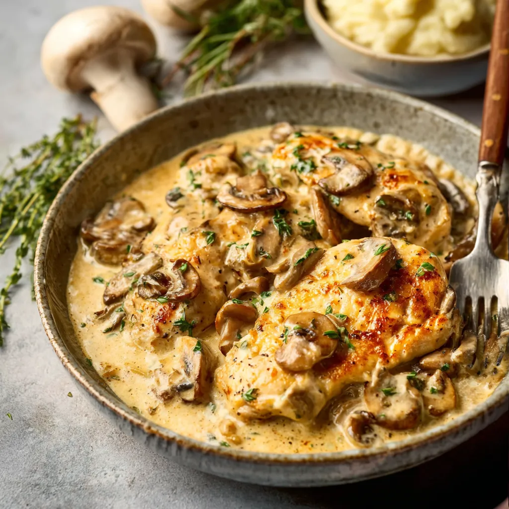 Close-up of a delicious plate of creamy Mushroom Chicken ready to be served.