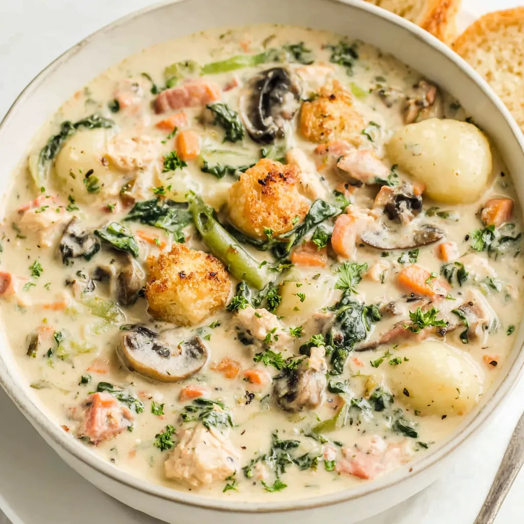 A close-up shot showcases the creamy texture and delicious ingredients of Olive Garden Chicken Gnocchi Soup in the article's second featured image.
