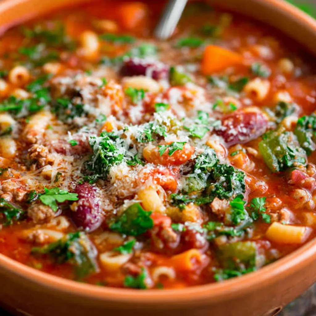 Close-up of a hearty bowl of Pasta e Fagioli Soup, showcasing its rich broth, tender pasta, and colorful vegetables.