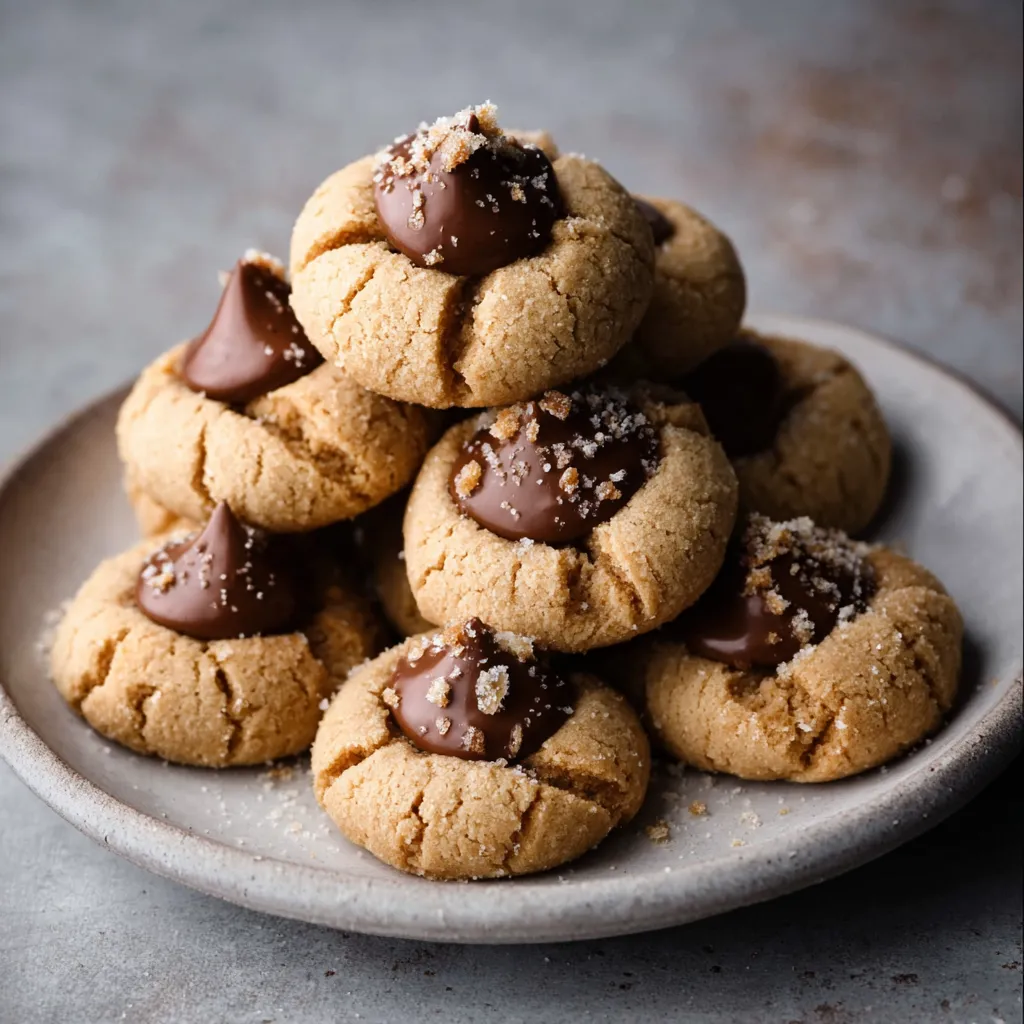 Close-up of a freshly baked Peanut Butter Kiss Cookie with a chocolate Hershey's Kiss pressed into the center.