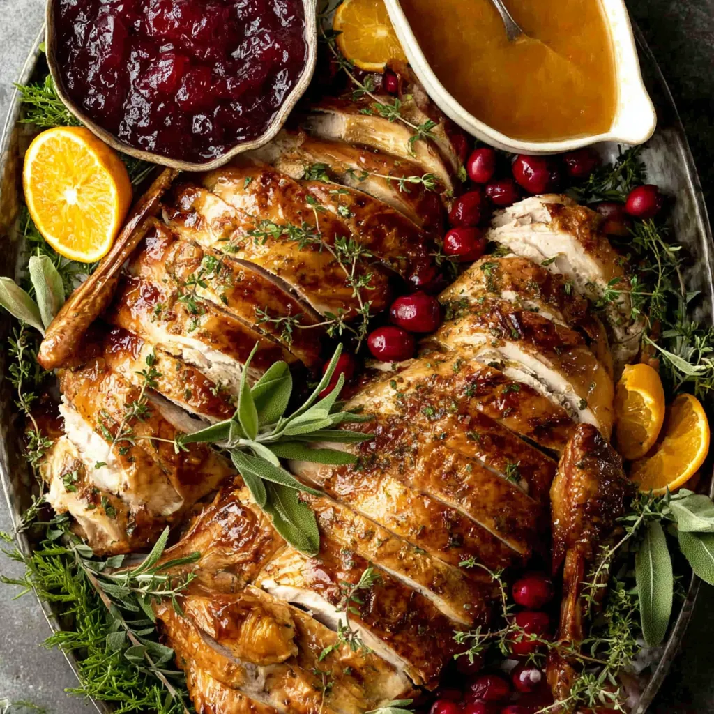 A perfectly browned Roast Turkey is displayed as part of a holiday meal spread.