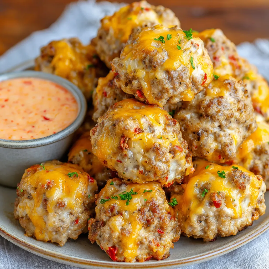 Close-up of prepared Rotel Cream Cheese Sausage Balls, ready to be served.