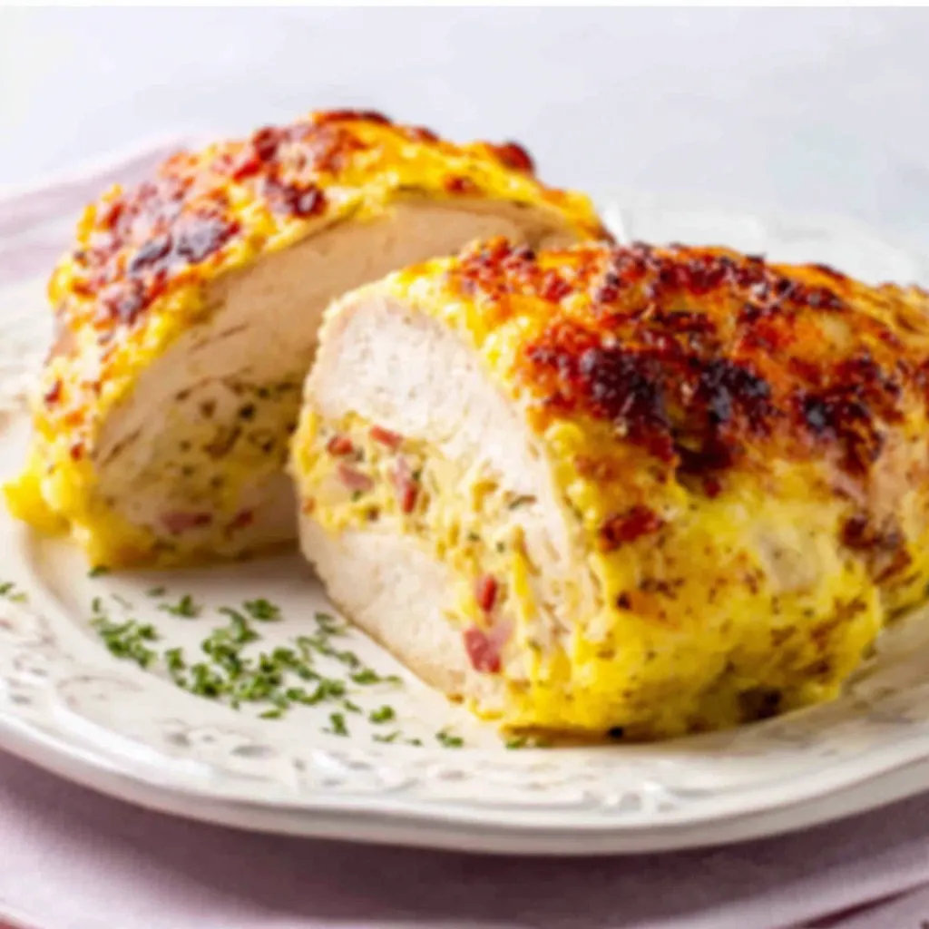 A delicious Ruth's Chris Stuffed Chicken dish is shown, ready to be enjoyed in this mouthwatering image.