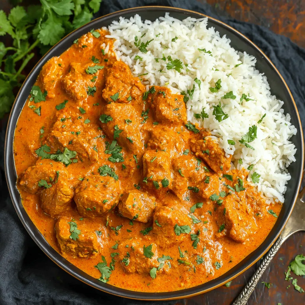 Close-up shot of a delicious serving of Slow Cooker Indian Butter Chicken, showcasing its creamy texture and vibrant color.