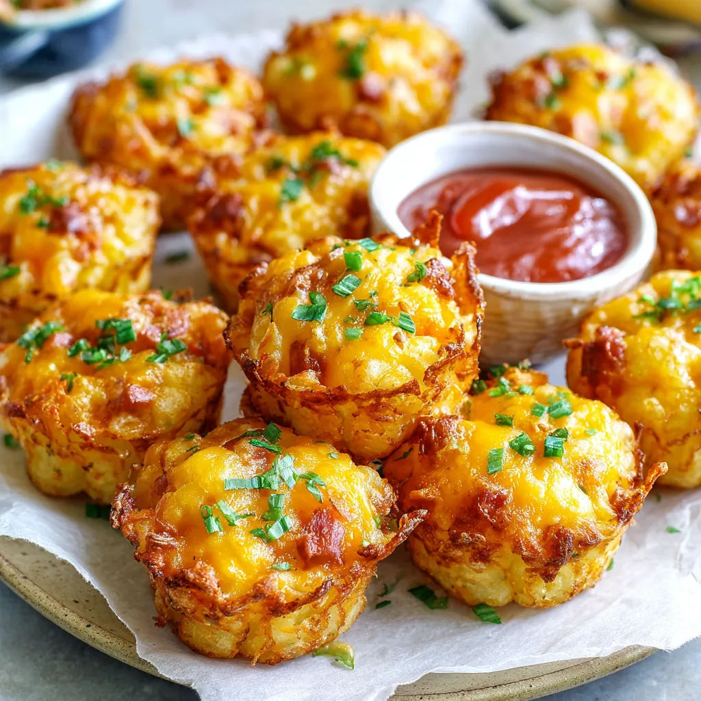 Close-up of fully assembled Tater Tot Appetizer Cups, showcasing the golden-brown tater tots, melted cheese, and savory toppings ready to be enjoyed.