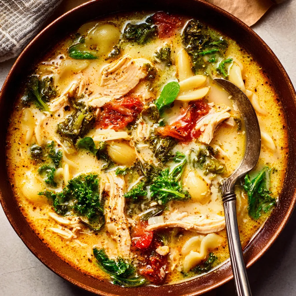 Close-up view of a delicious bowl of Tuscan Chicken Soup, showcasing its vibrant colors and hearty ingredients.