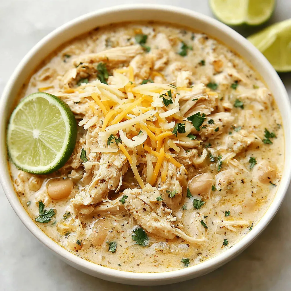 Close-up shot of a creamy bowl of White Chicken Chili, showcasing its rich texture and delicious ingredients.