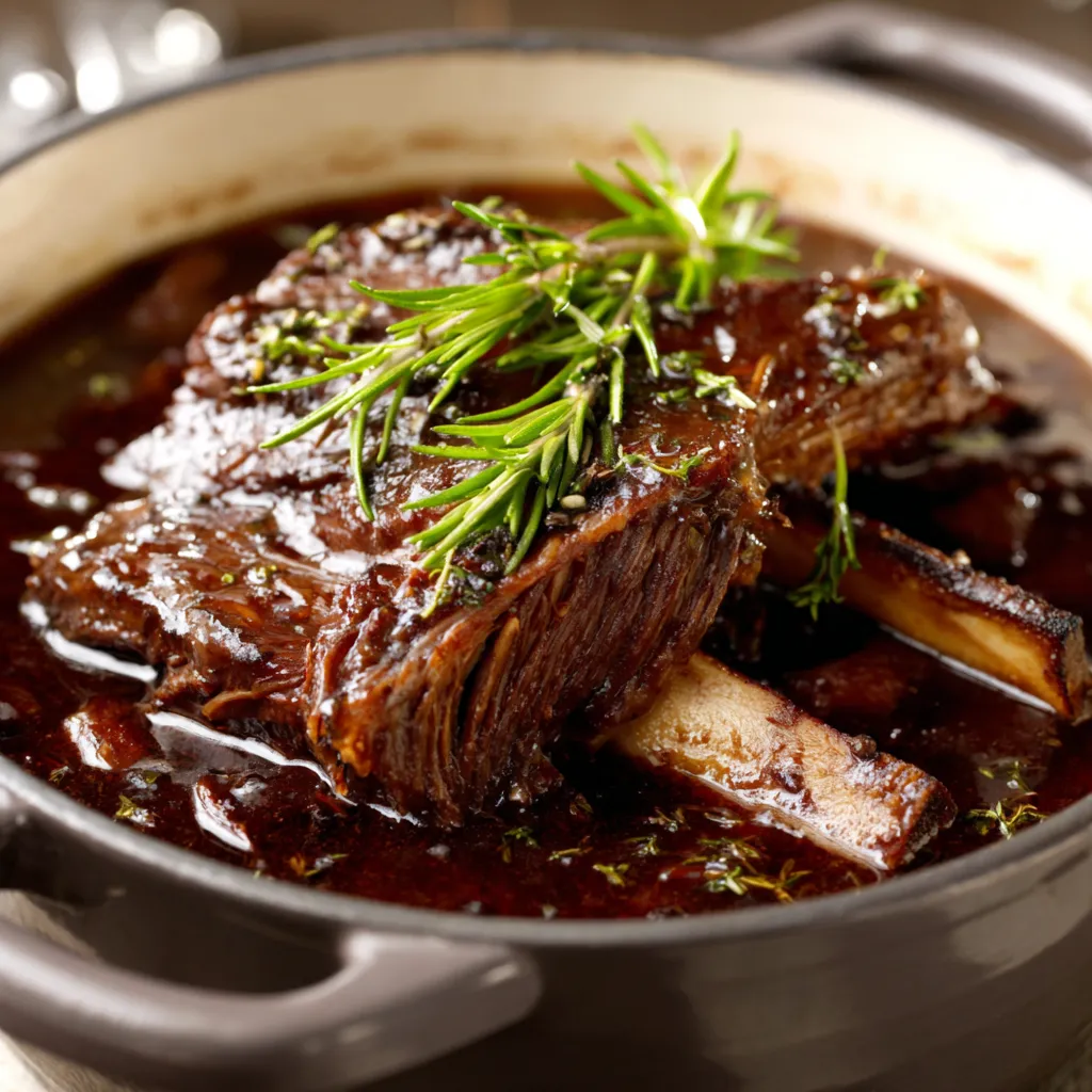 Close-up shot of tender Braised Beef Short Ribs In Red Wine Sauce, showcasing the rich color and texture of the dish.