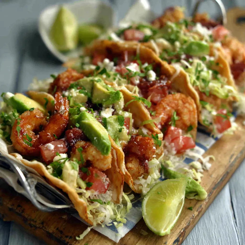 Close-up of flavorful Bronzed Shrimp Tacos, showcasing the juicy shrimp and vibrant toppings.