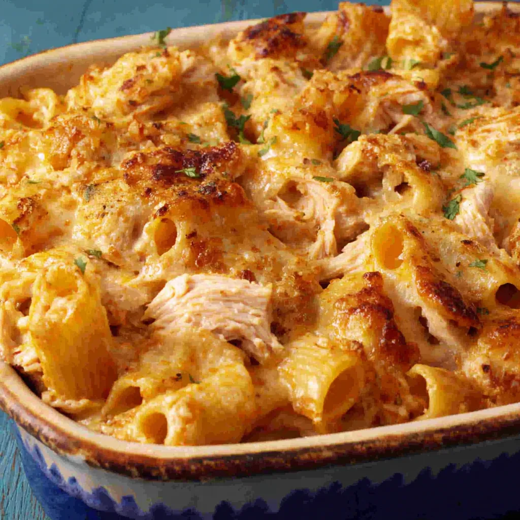 Close-up shot of a delicious Buffalo Chicken Pasta Bake, showcasing the creamy sauce and crispy topping.