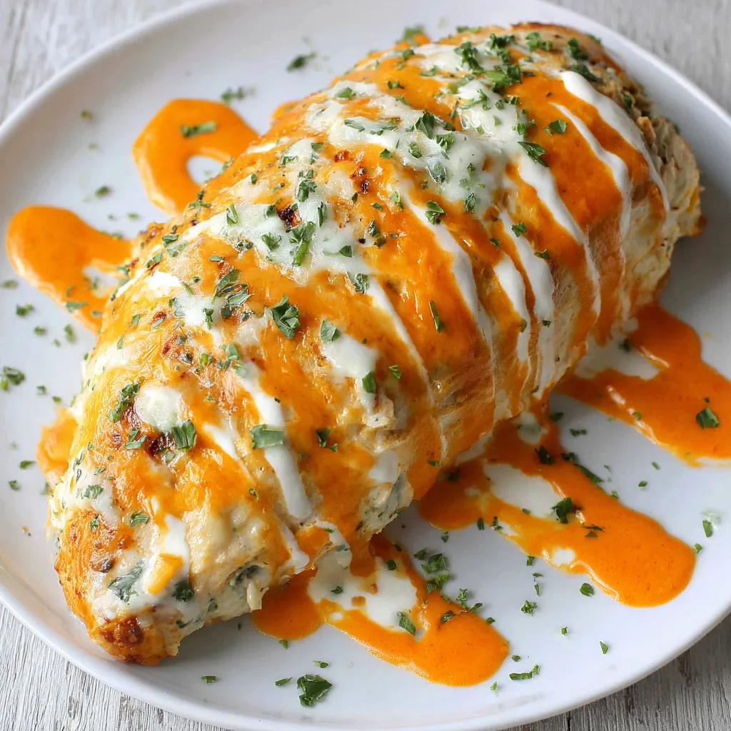 Close-up of a perfectly cooked Buffalo Ranch Stuffed Chicken breast, showcasing the creamy filling.