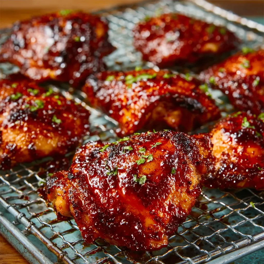 Close-up view of flavorful Caramelized BBQ Chicken Thighs glistening with caramelized sauce.