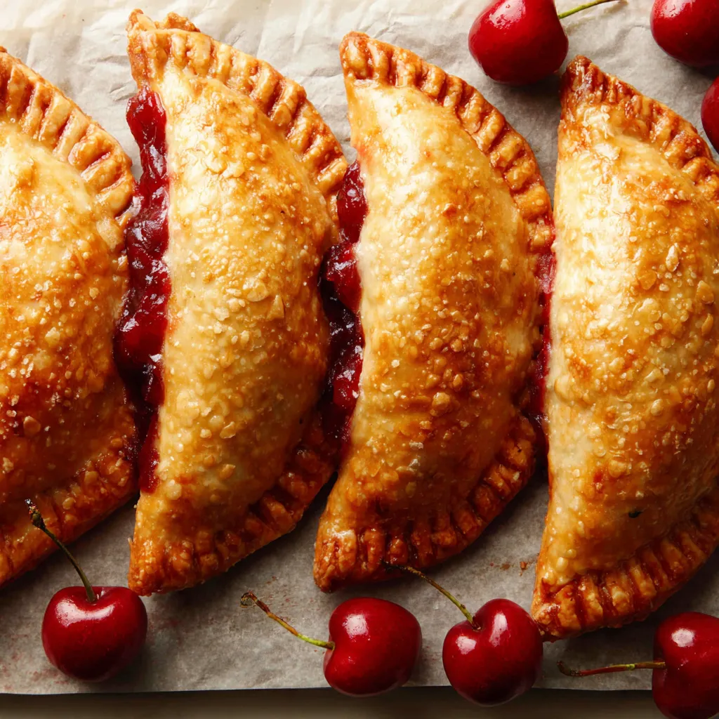Close-up of freshly baked Cherry Hand Pies, showcasing their flaky crust and sweet filling.