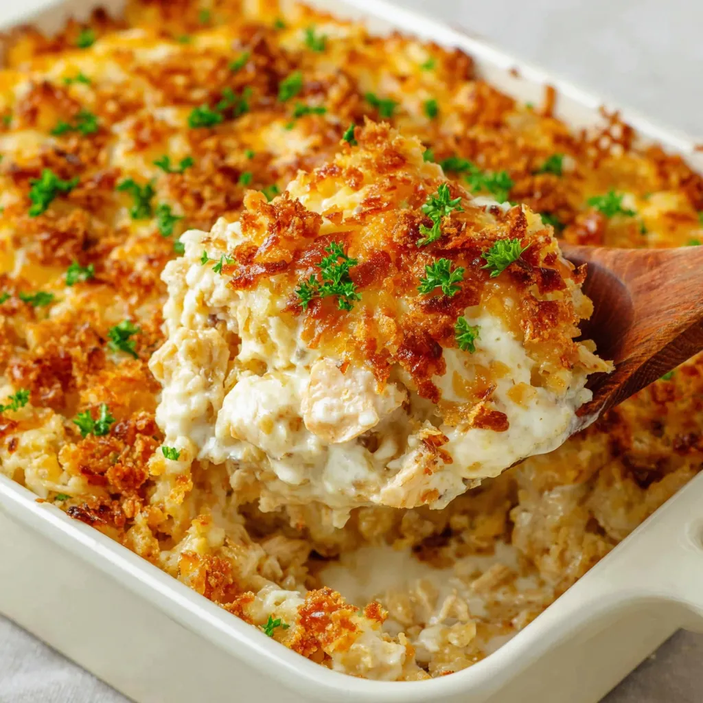 A close-up shot of a freshly baked Chicken Casserole, showcasing its golden-brown topping and creamy filling.