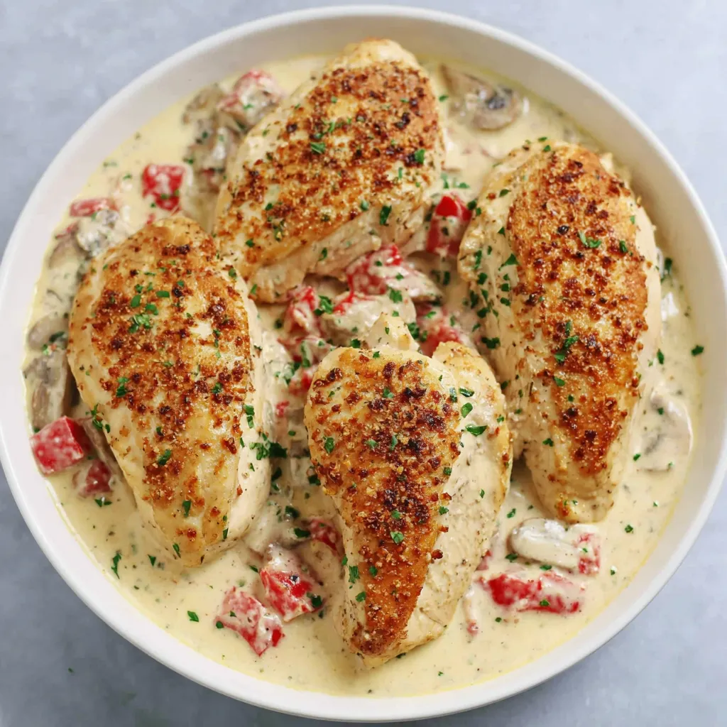 Close-up of creamy Chicken In Basil Cream Sauce, showcasing the rich texture and fresh basil.
